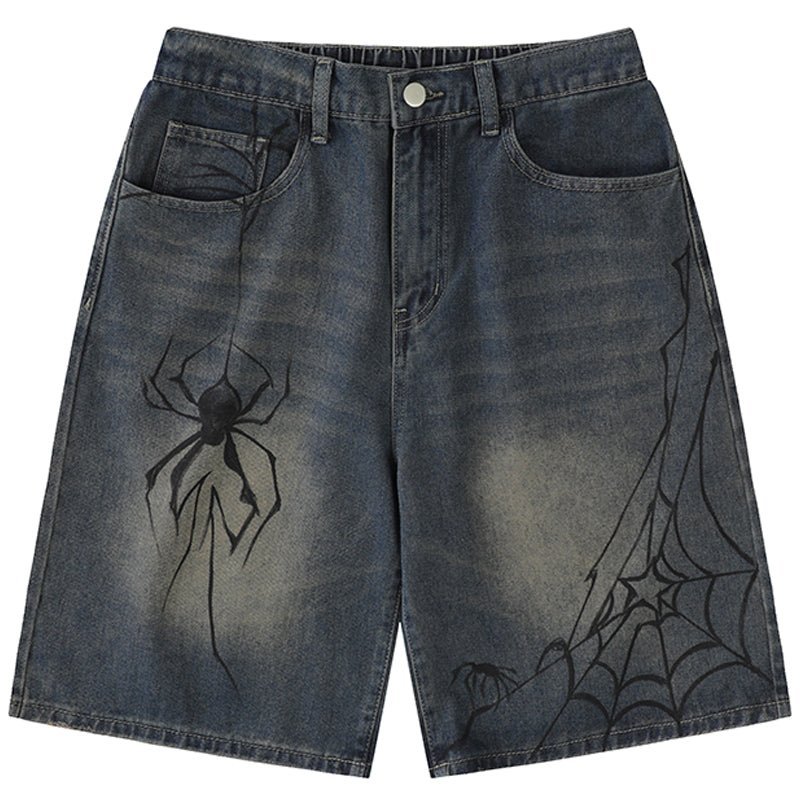 Lemandik Casual Denim Shorts Spider Web