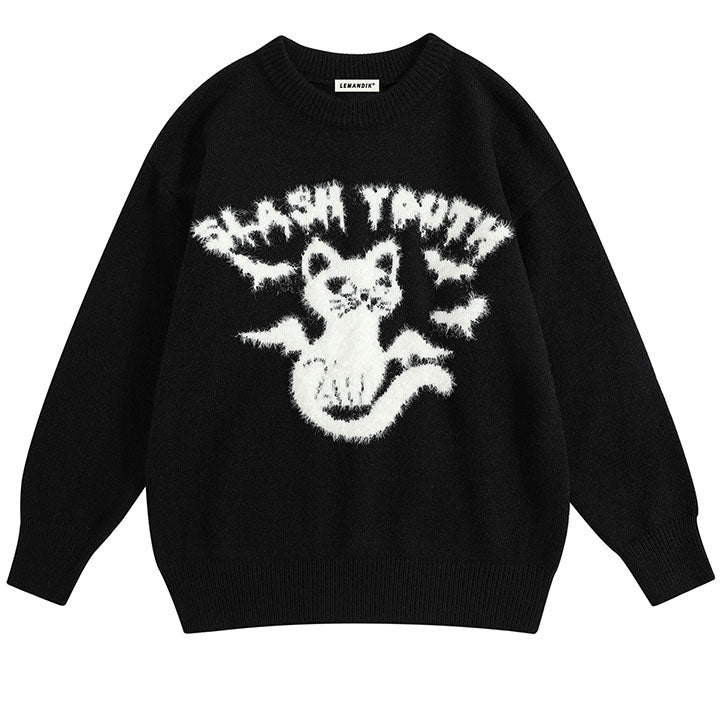 black knit sweater with fuzzy devil cat