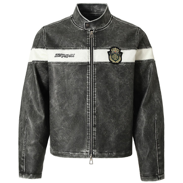 LEMANDIK® Distressed PU Biker Jacket with Badges