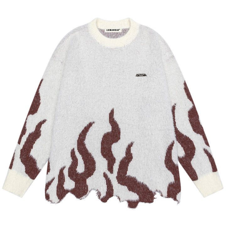 contrast color furry sweater flame patch