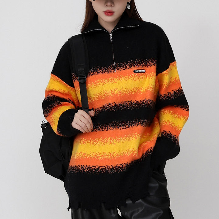 quarter zipper ripped sweater color patch