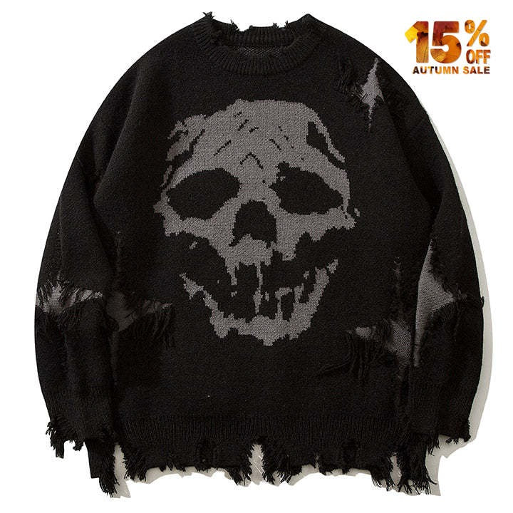 men's distressed sweater skull pattern