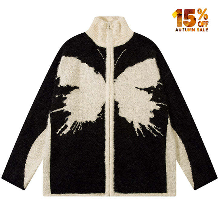 high neck sweater cardigan butterfly pattern