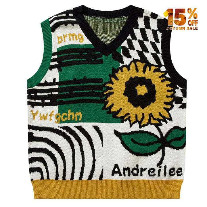 v neck knit vest sunflower print