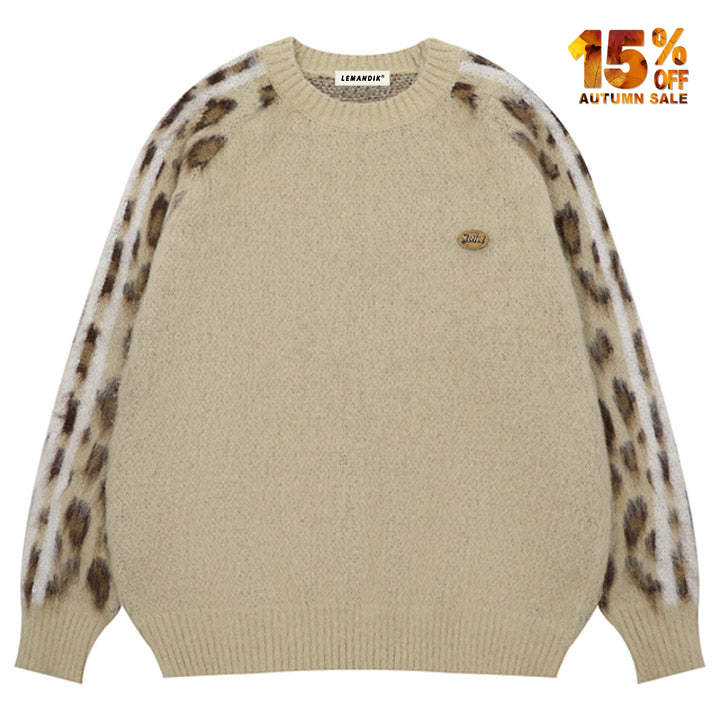 crew neck sweater with leopard sleeve