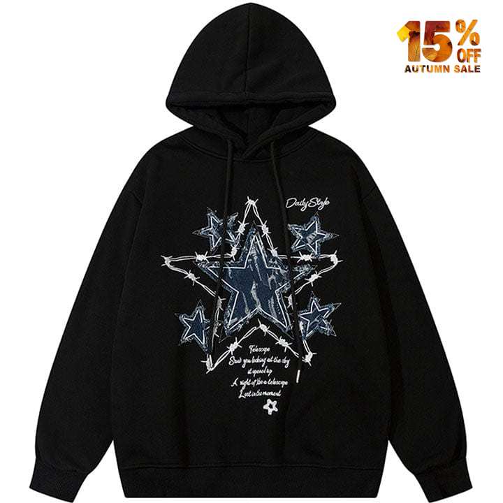 black hoodie with denim star patch