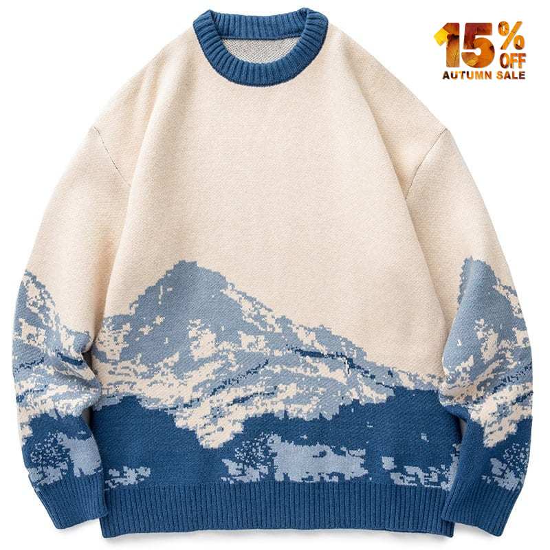 blue and apricot sweater snow mountain