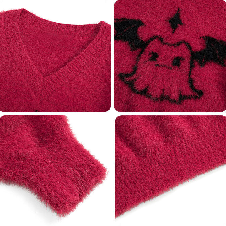 V neck fluffy sweater ghost with wings