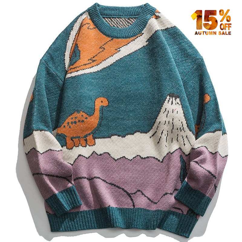 men's knit sweater with dinosaur and volcano