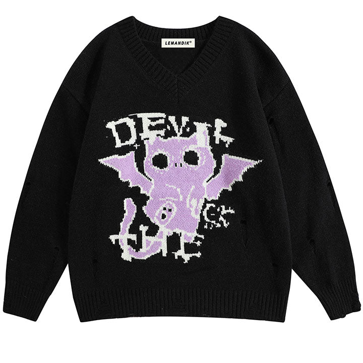 ripped knit sweater with devil bat