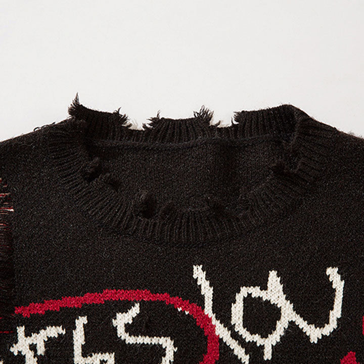 ripped knit jumper messy letter pattern