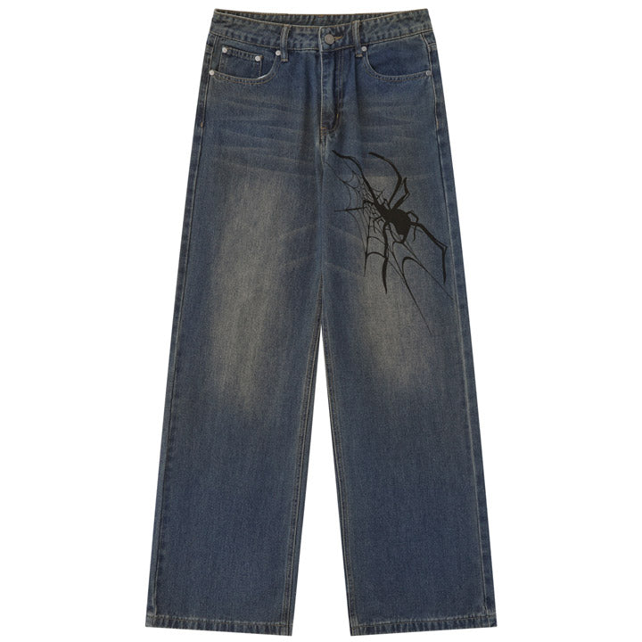 men's washed jeans with spider pattern