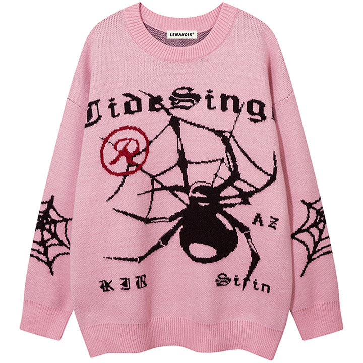 crew neck knit sweater spider web print