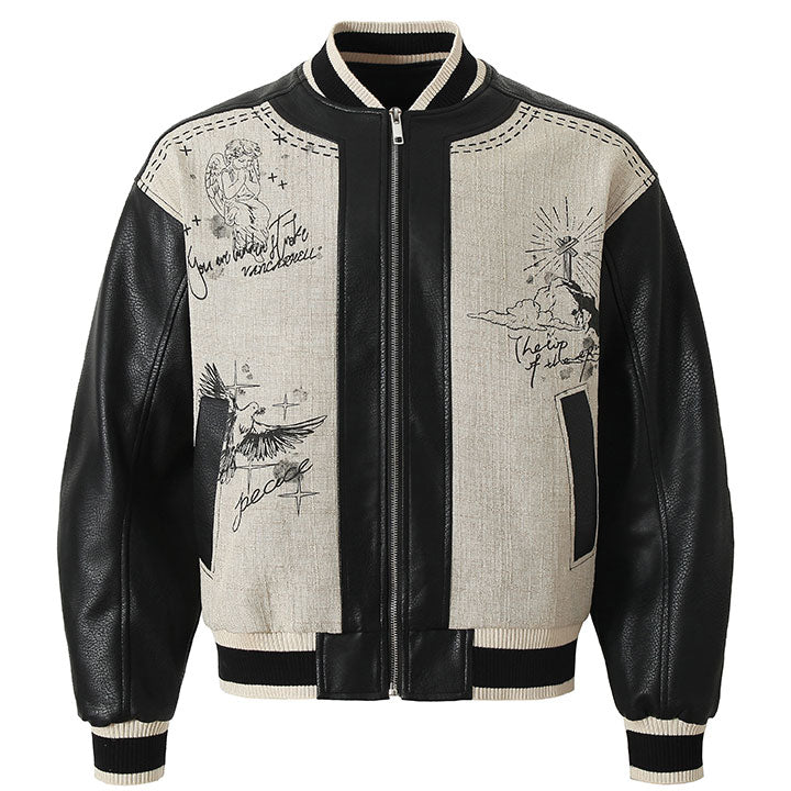 contrast color PU varsity jacket Angel print