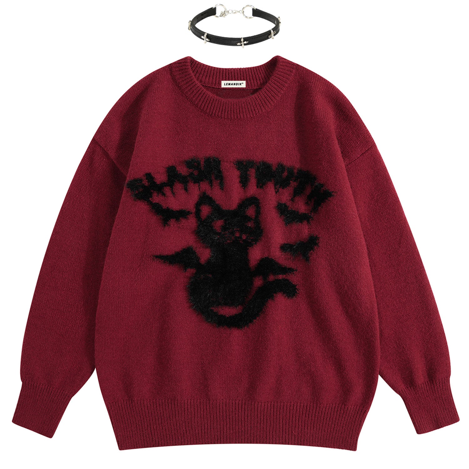 fall sweater with devil cat and choker