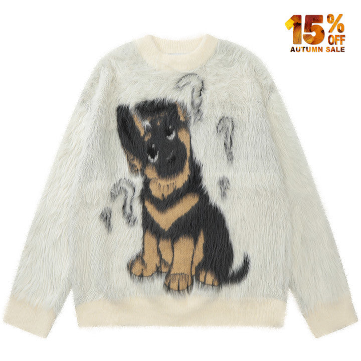 white mohair sweater cute dog pattern