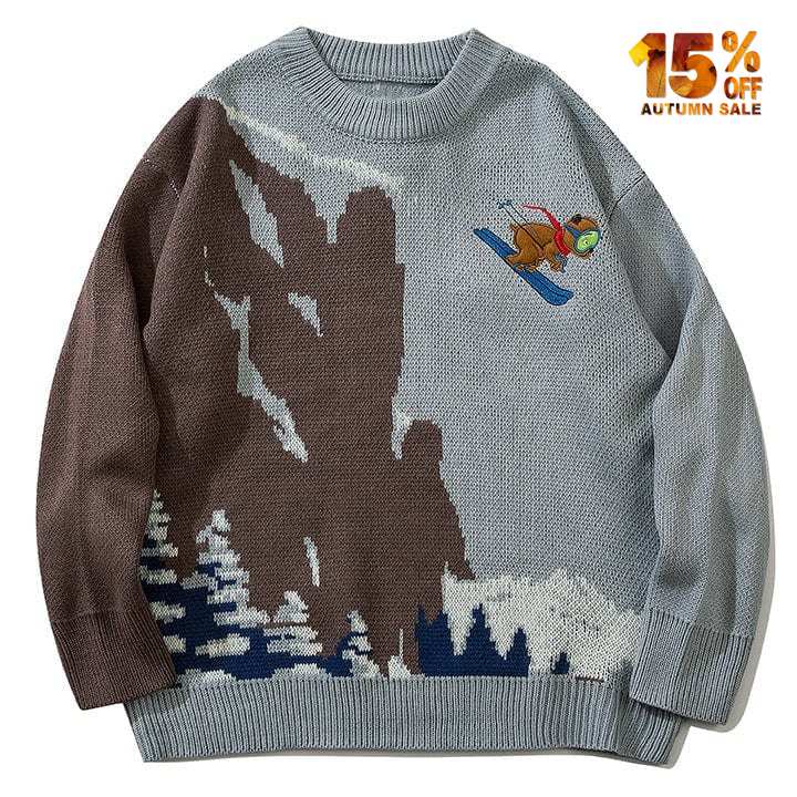 color block sweater with ski bear