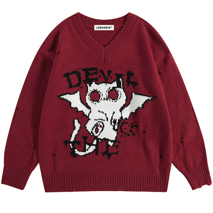 V neck knit sweater devil bat pattern