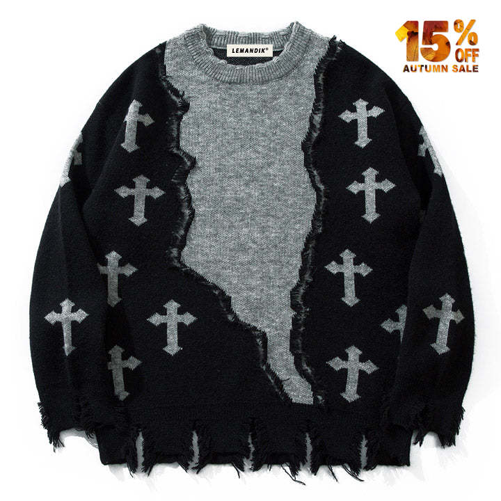 color block ripped sweater full cross