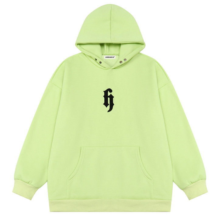 green hoodie with gothic H letter print