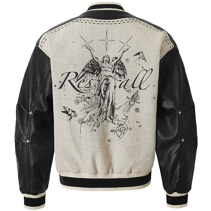 leather patch varsity jacket angel pattern