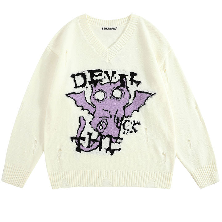 distressed sweater devil bat graphic 