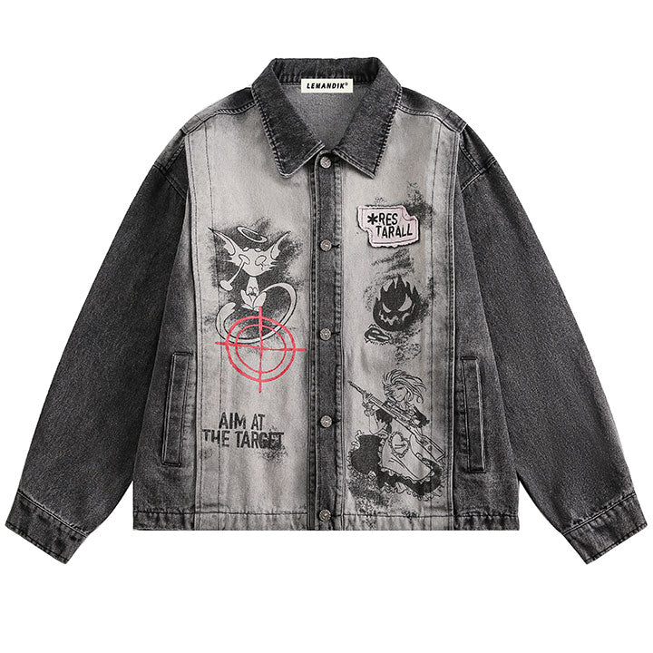 lapel denim jacket cartoon pattern