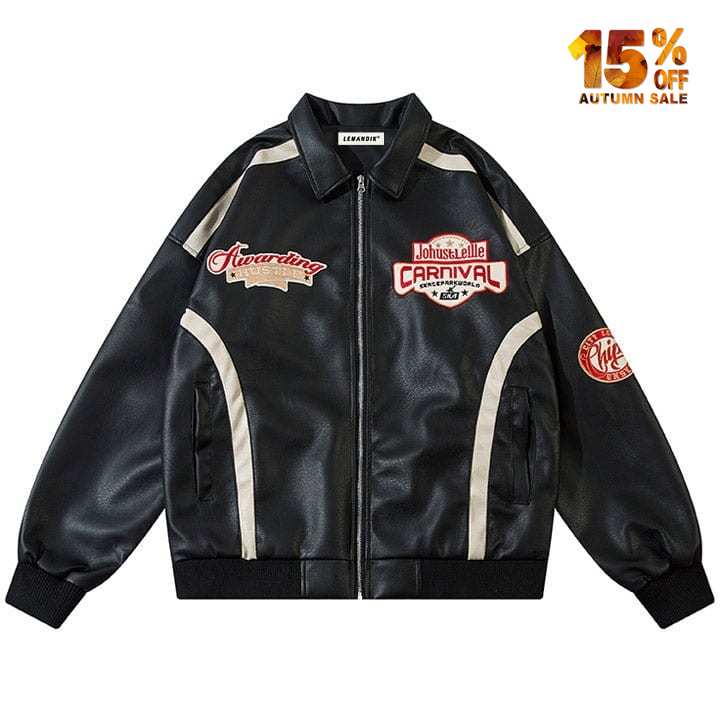 black racing jacket with letter patch