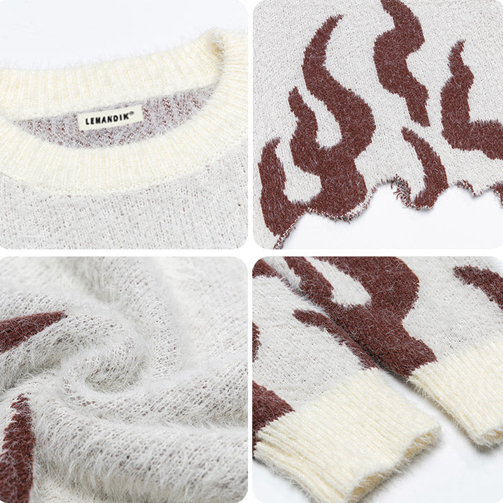 fluffy knit sweater with flame pattern