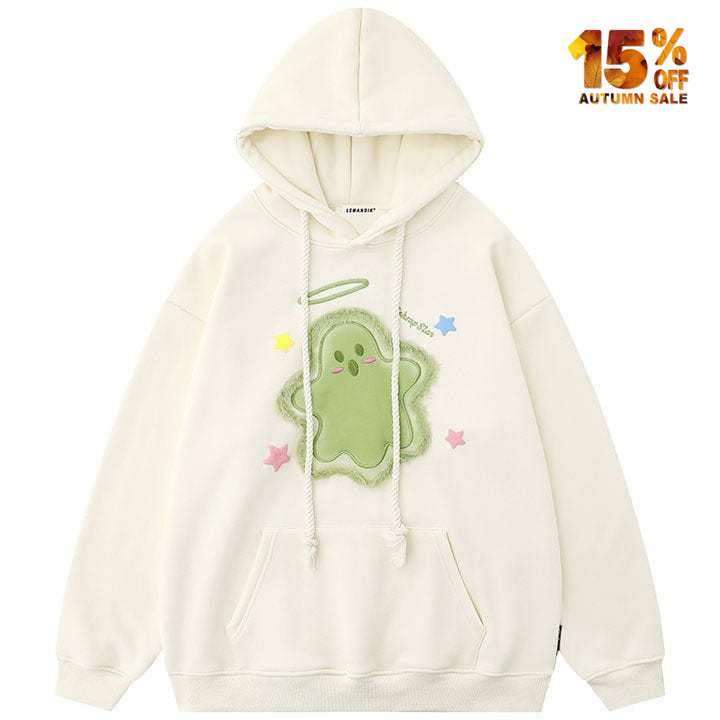 apricot hoodie with green ghost pattern