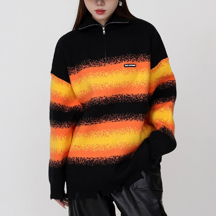 ripped sweater with black orange yellow stripe