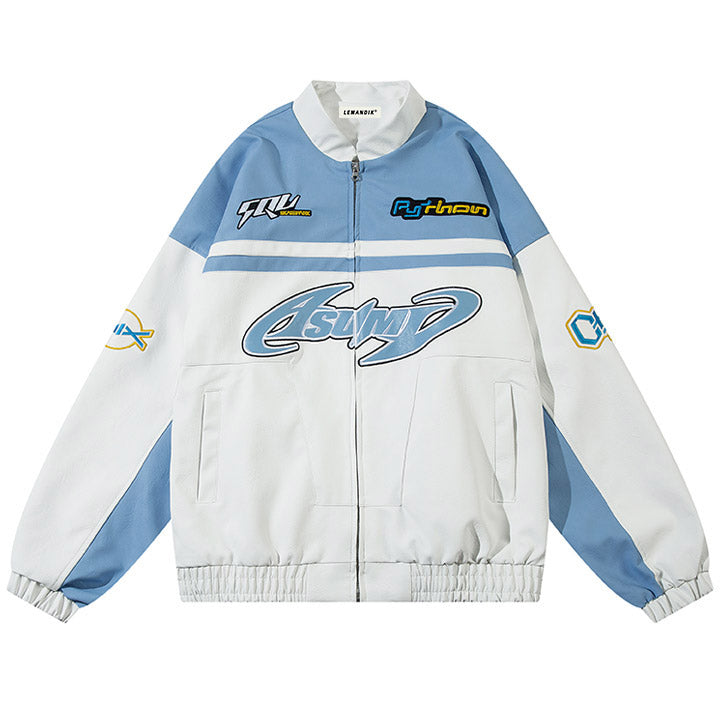 blue and white letter racing jacket
