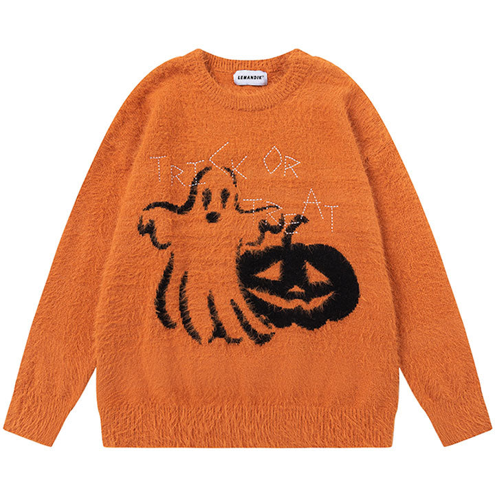 LEMANDIK® Spooky Halloween Knit Sweater Ghost and Pumpkin