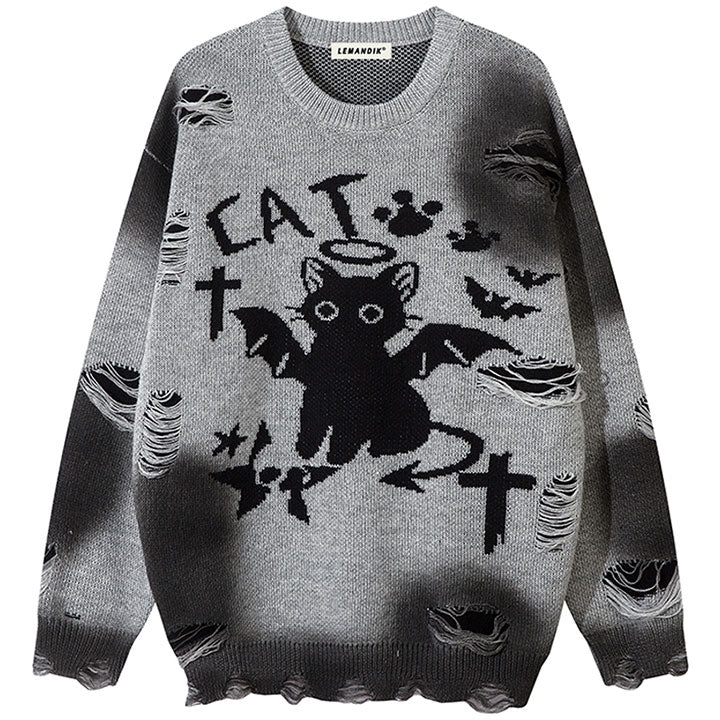 distressed sweater with devil cat pattern