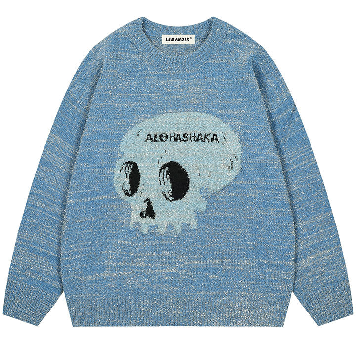 blue knit sweater skull print