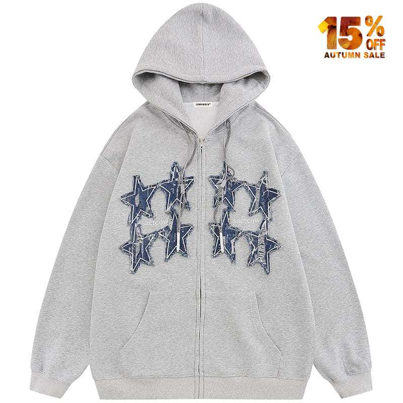 grey zipper hoodie with denim star patch