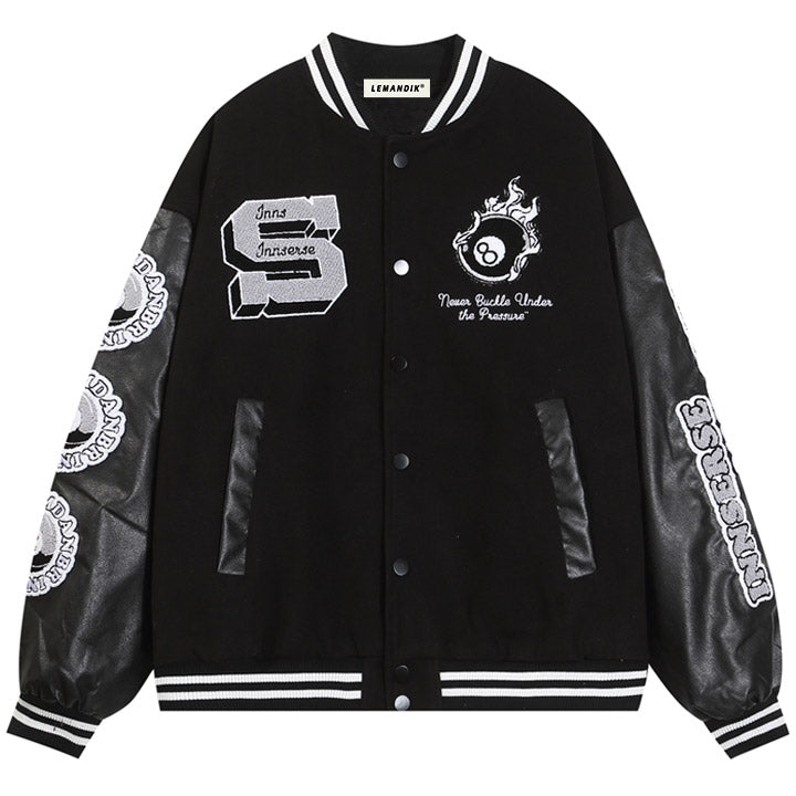 flocked S varsity jacket with leather sleeve