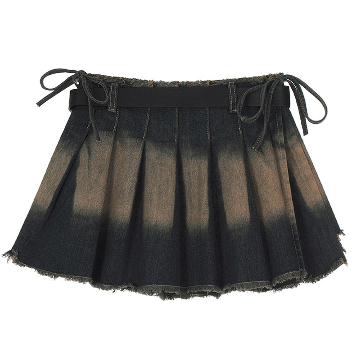 pleated denim skirt with belt