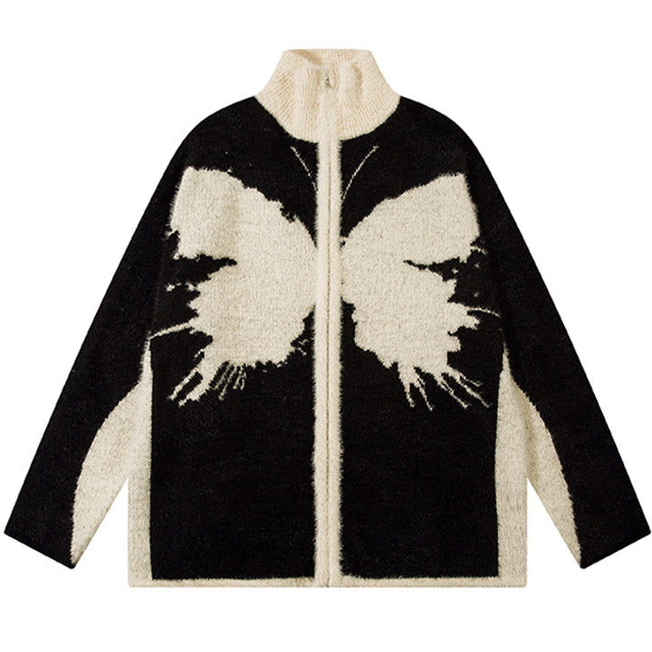 contrast color mohair butterfly knit cardigan