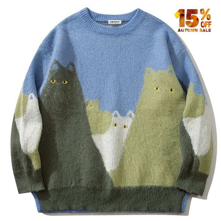 colorful cat pattern mohair sweater