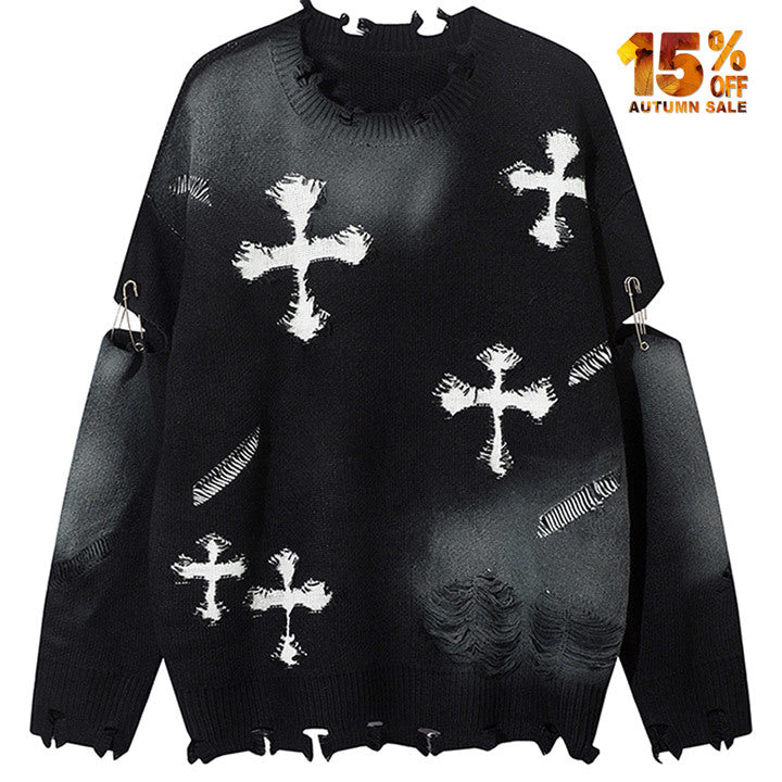 distressed sweater with cross print