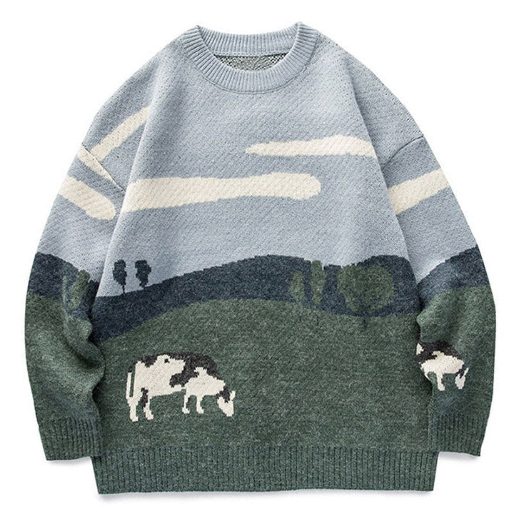 LEMANDIK® Cow and Grassland Pattern Sweater