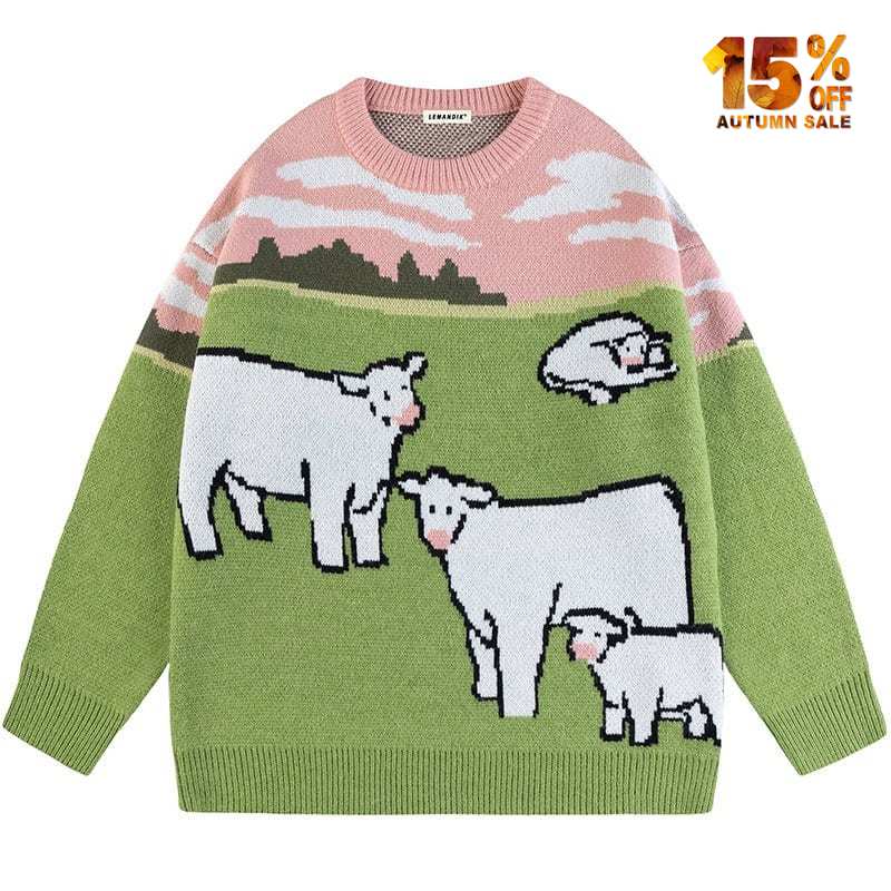 green and pink sweater cow pattern