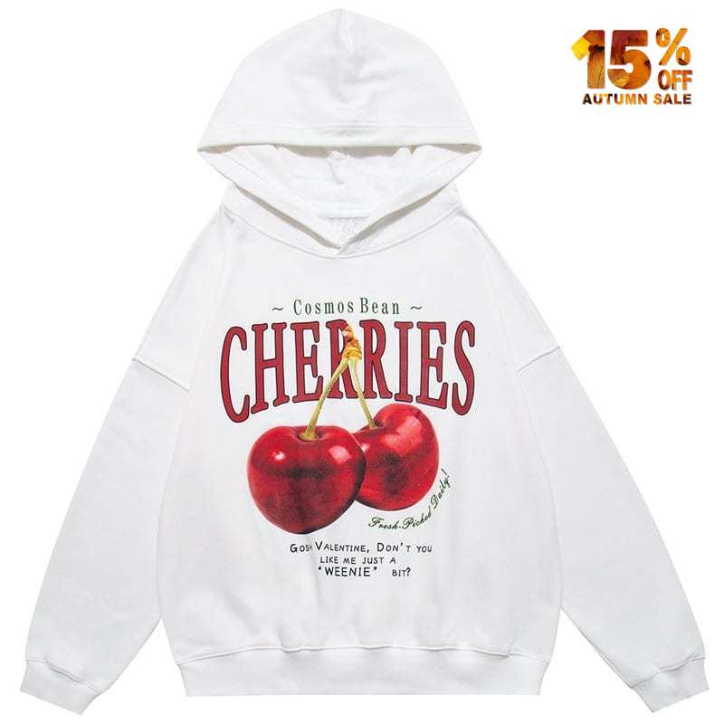 white hoodie with red cherry print