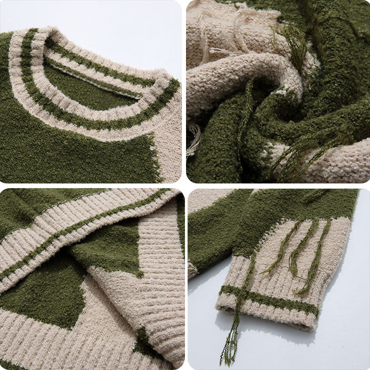 LEMANDIK® Retro Knit Sweater Color Block Patchwork
