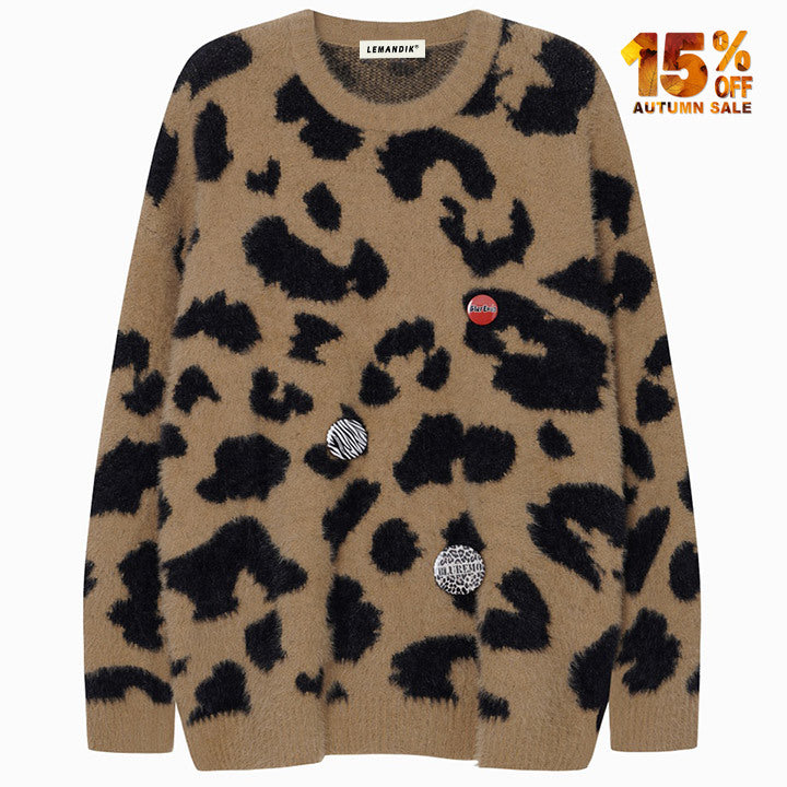 leopard mohair sweater with badge