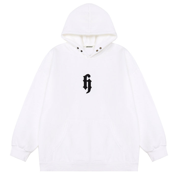 white hoodie with H print