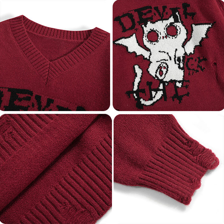 V neck knit jumper with devil bat print