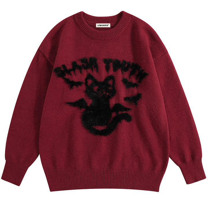 graphic knit sweater with devil cat