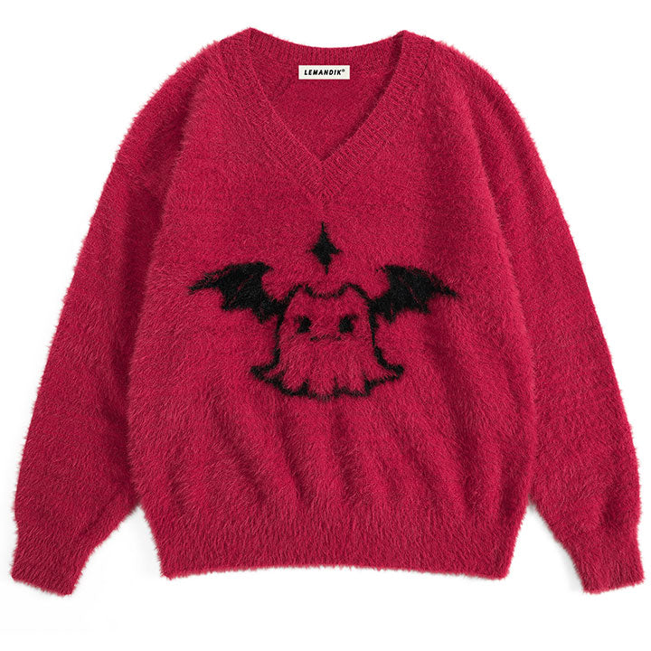 v neck mohair sweater with bat wing ghost